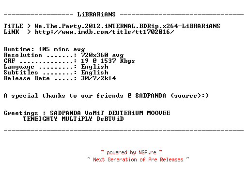 NFO for the release We.The.Party.2012.iNTERNAL.BDRip.x264-LiBRARiANS by LiBRARiANS