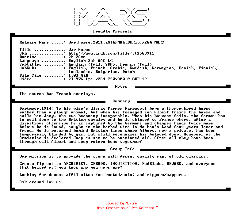 NFO for the release War.Horse.2011.iNTERNAL.BDRip.x264-MARS by MARS