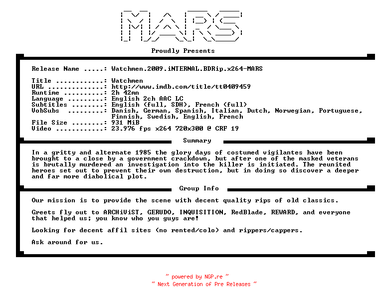NFO for the release Watchmen.2009.iNTERNAL.BDRip.x264-MARS by MARS