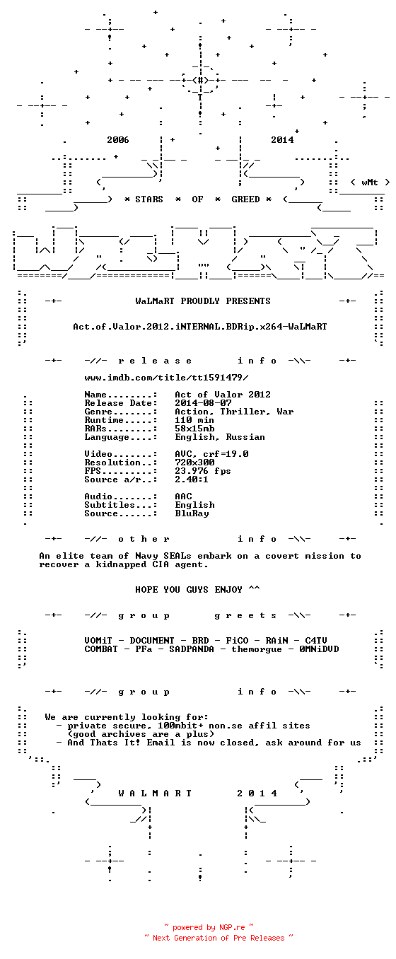 NFO for the release Act.of.Valor.2012.iNTERNAL.BDRip.x264-WaLMaRT by WaLMaRT