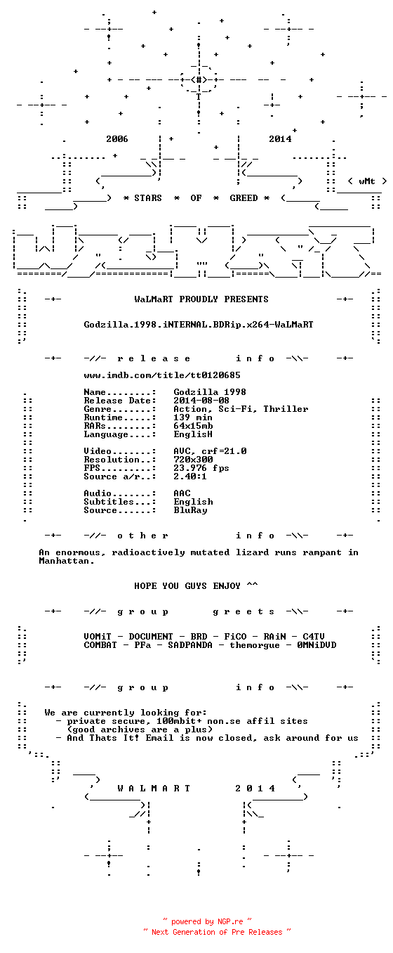 NFO for the release Godzilla.1998.iNTERNAL.BDRip.x264-WaLMaRT by WaLMaRT