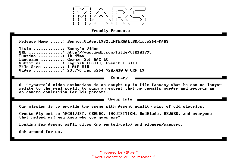 NFO for the release Bennys.Video.1992.iNTERNAL.BDRip.x264-MARS by MARS