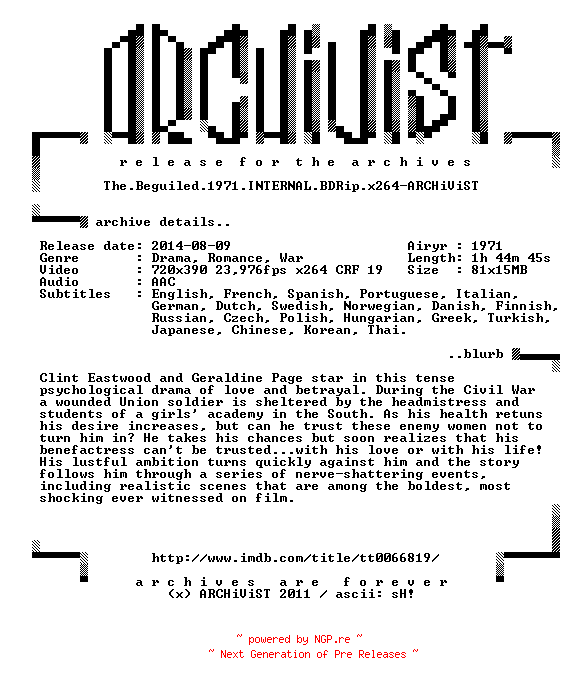 NFO for the release The.Beguiled.1971.INTERNAL.BDRip.x264-ARCHiViST by ARCHiViST