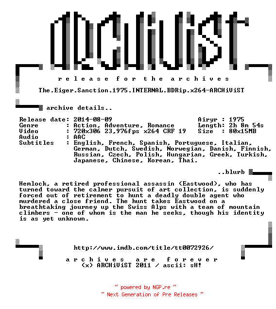 NFO for the release The.Eiger.Sanction.1975.INTERNAL.BDRip.x264-ARCHiViST by ARCHiViST