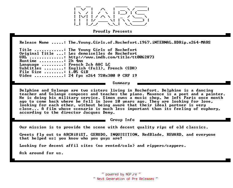 NFO for the release The.Young.Girls.of.Rochefort.1967.iNTERNAL.BDRip.x264-MARS by MARS