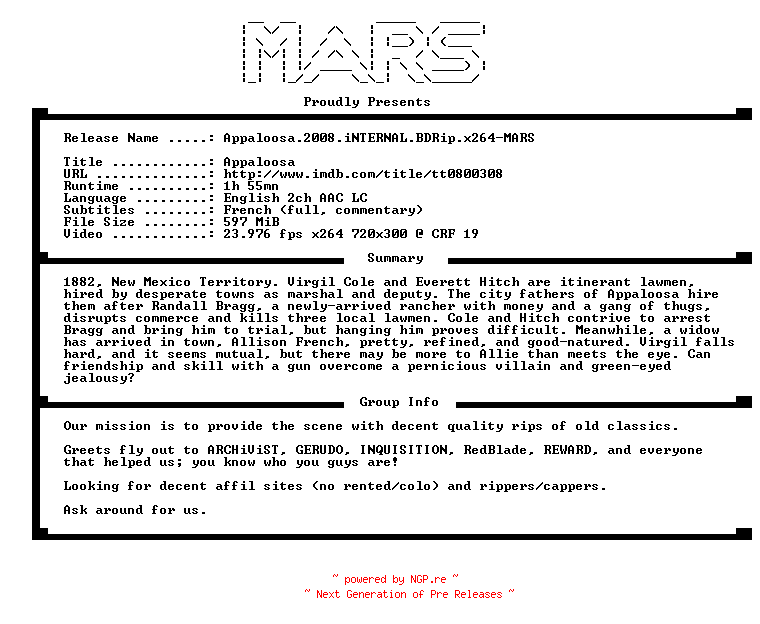 NFO for the release Appaloosa.2008.iNTERNAL.BDRip.x264-MARS by MARS
