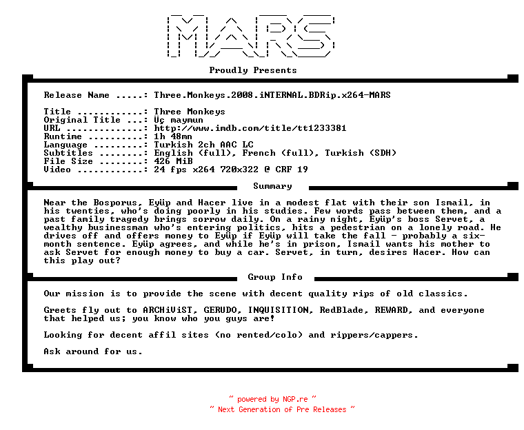 NFO for the release Three.Monkeys.2008.iNTERNAL.BDRip.x264-MARS by MARS