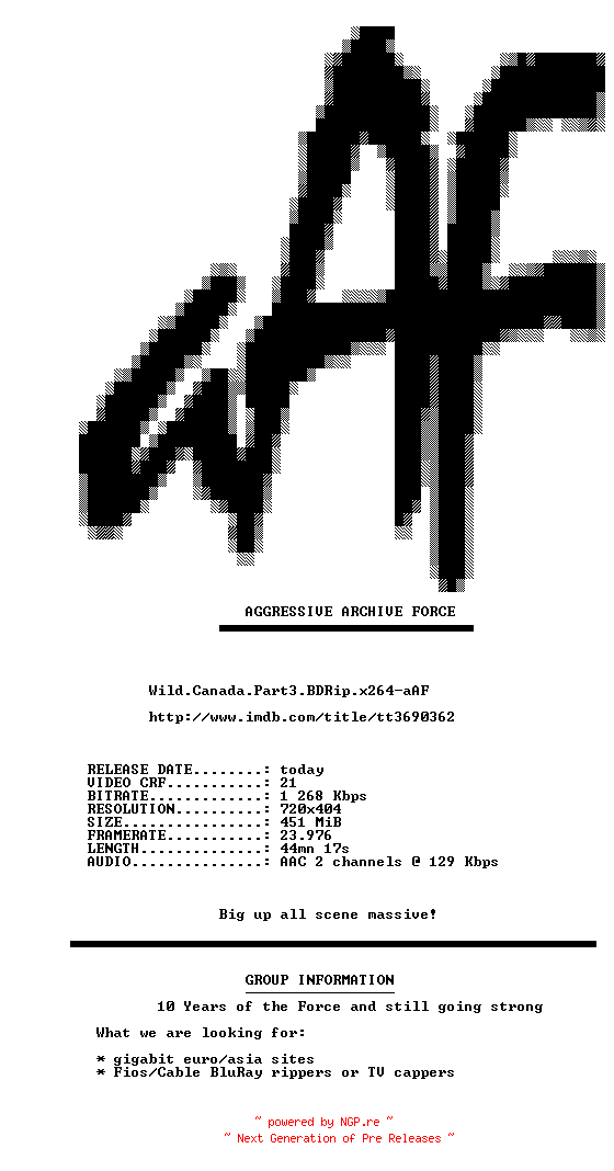 NFO for the release Wild.Canada.Part3.BDRip.x264-aAF by aAF