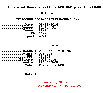NFO for the release A.Haunted.House.2.2014.FRENCH.BDRip.x264-PRiDEHD by PRiDEHD