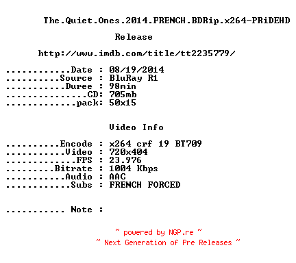 NFO for the release The.Quiet.Ones.2014.FRENCH.BDRip.x264-PRiDEHD by PRiDEHD