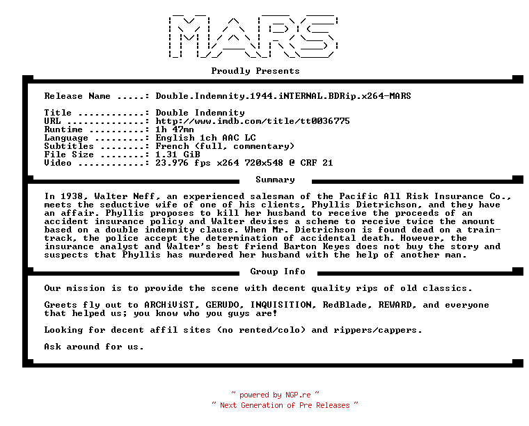 NFO for the release Double.Indemnity.1944.iNTERNAL.BDRip.x264-MARS by MARS