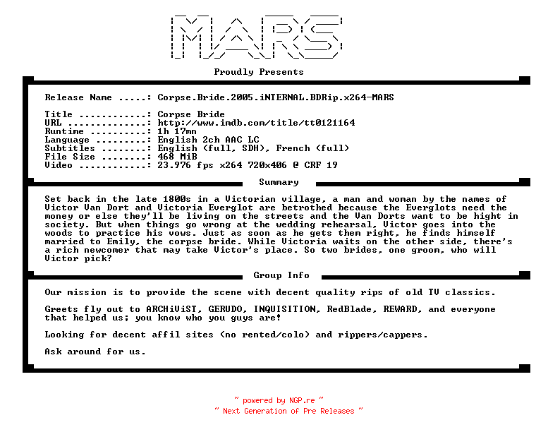 NFO for the release Corpse.Bride.2005.iNTERNAL.BDRip.x264-MARS by MARS