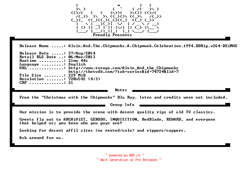 NFO for the release Alvin.And.The.Chipmunks.A.Chipmunk.Celebration.1994.BDRip.x264-DEiMOS by DEiMOS
