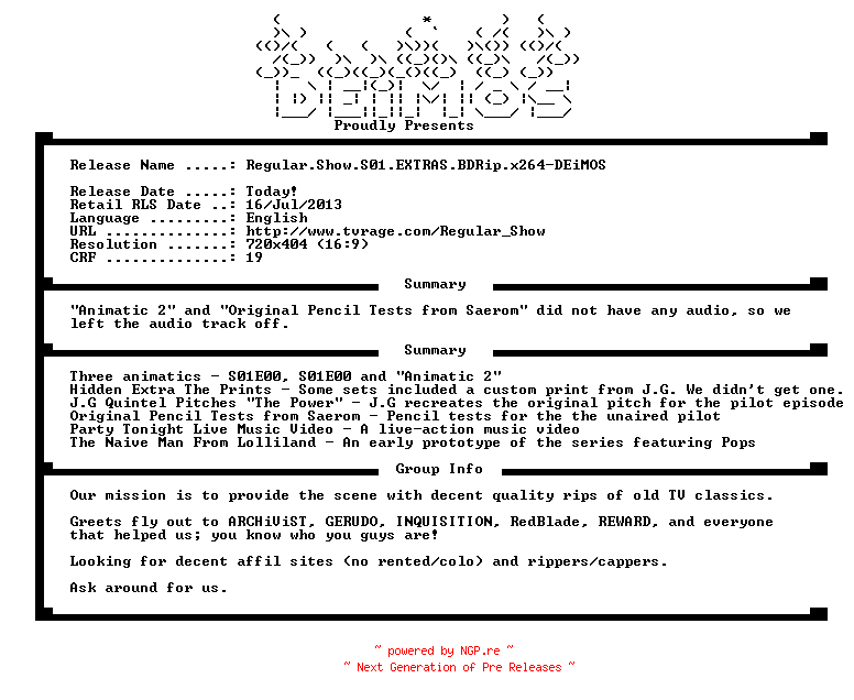 NFO for the release Regular.Show.S01.EXTRAS.BDRip.x264-DEiMOS by DEiMOS