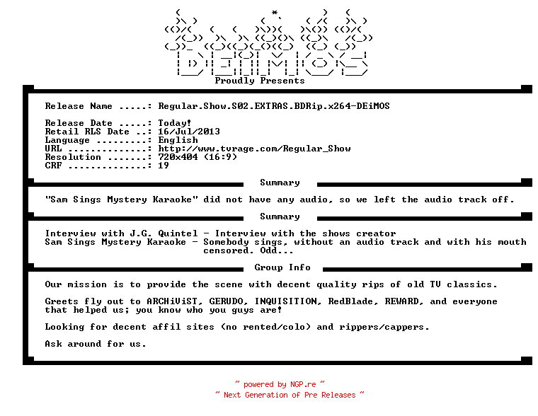 NFO for the release Regular.Show.S02.EXTRAS.BDRip.x264-DEiMOS by DEiMOS