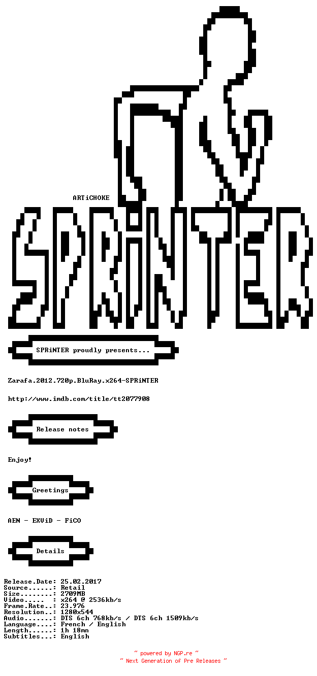 NFO for the release Zarafa.2012.720p.BluRay.x264-SPRiNTER by SPRiNTER