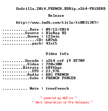 NFO for the release Godzilla.2014.FRENCH.BDRip.x264-PRiDEHD by PRiDEHD