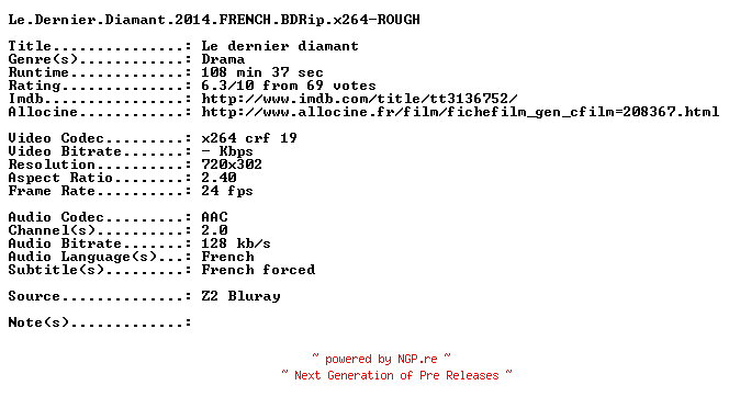 NFO for the release Le.Dernier.Diamant.2014.FRENCH.BDRip.x264-ROUGH by ROUGH