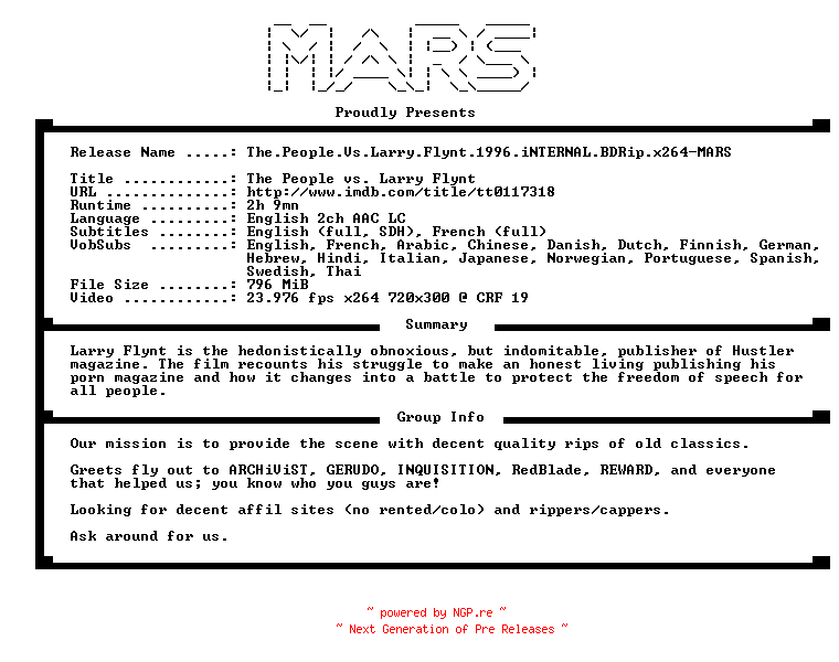 NFO for the release The.People.Vs.Larry.Flynt.1996.iNTERNAL.BDRip.x264-MARS by MARS
