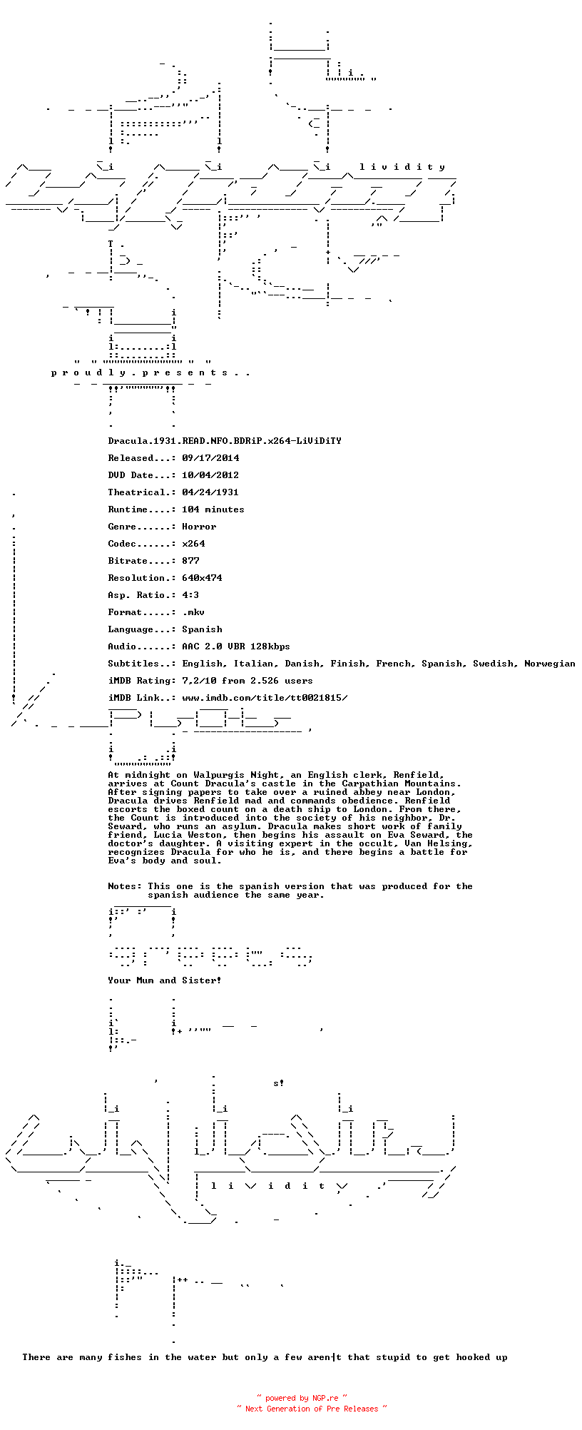 NFO for the release Dracula.1931.READ.NFO.BDRiP.x264-LiViDiTY by LiViDiTY