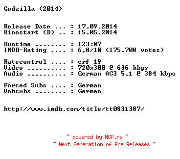 NFO for the release Godzilla.German.2014.BDRiP.x264-EXQUiSiTE by EXQUiSiTE