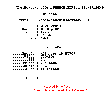 NFO for the release The.Homesman.2014.FRENCH.BDRip.x264-PRiDEHD by PRiDEHD