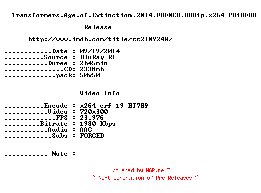 NFO for the release Transformers.Age.of.Extinction.2014.FRENCH.BDRip.x264-PRiDEHD by PRiDEHD