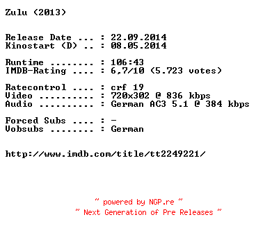 NFO for the release Zulu.German.BDRiP.x264-EXQUiSiTE by EXQUiSiTE