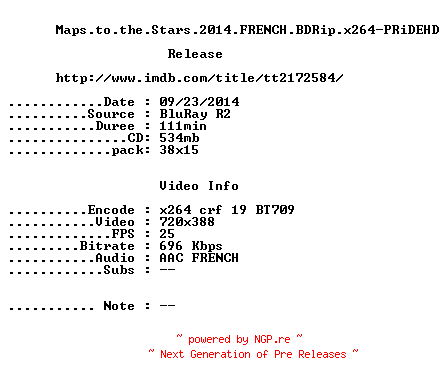 NFO for the release Maps.to.the.Stars.2014.FRENCH.BDRip.x264-PRiDEHD by PRiDEHD