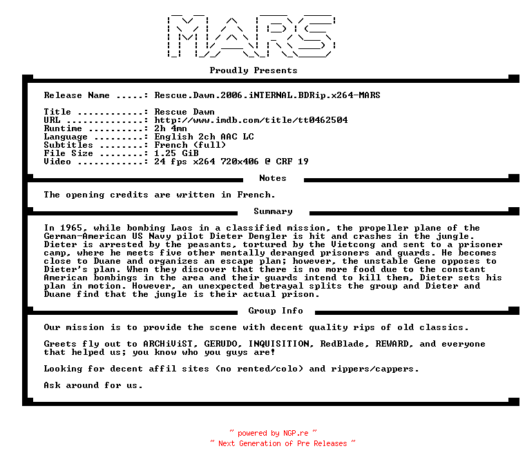 NFO for the release Rescue.Dawn.2006.iNTERNAL.BDRip.x264-MARS by MARS