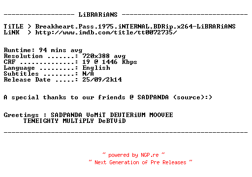 NFO for the release Breakheart.Pass.1975.iNTERNAL.BDRip.x264-LiBRARiANS by LiBRARiANS