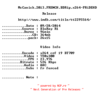 NFO for the release McCanick.2013.FRENCH.BDRiP.x264-PRiDEHD by PRiDEHD