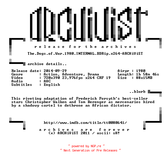 NFO for the release The.Dogs.of.War.1980.INTERNAL.BDRip.x264-ARCHiViST by ARCHiViST
