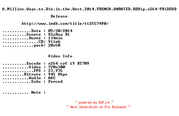 NFO for the release A.Million.Ways.to.Die.in.the.West.2014.FRENCH.UNRATED.BDRip.x264-PRiDEHD by PRiDEHD