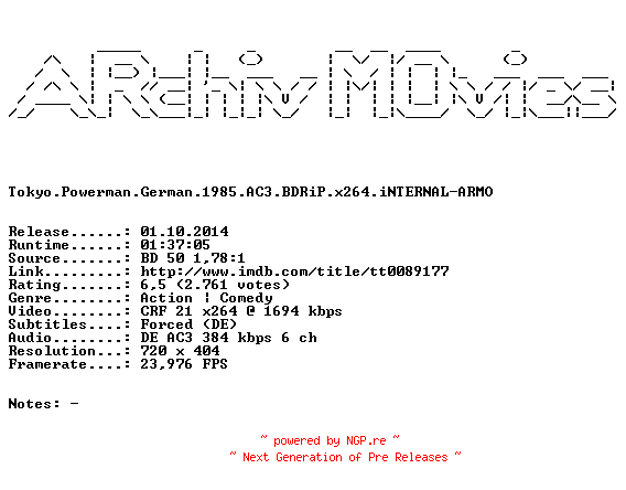 NFO for the release Tokyo.Powerman.German.1985.AC3.BDRiP.x264.iNTERNAL-ARMO by ARMO