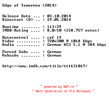 NFO for the release Edge.of.Tomorrow.German.BDRiP.x264-EXQUiSiTE by EXQUiSiTE