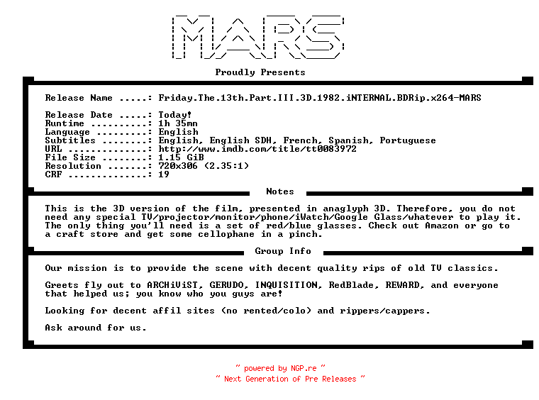 NFO for the release Friday.The.13th.Part.III.3D.1982.iNTERNAL.BDRip.x264-MARS by MARS
