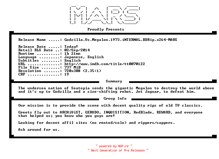 NFO for the release Godzilla.Vs.Megalon.1973.iNTERNAL.BDRip.x264-MARS by MARS