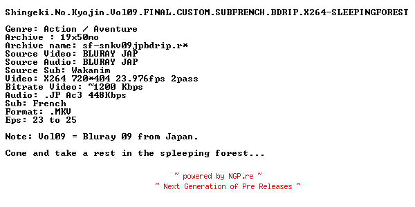 NFO for the release Shingeki.No.Kyojin.Vol09.FINAL.CUSTOM.SUBFRENCH.BDRIP.X264-SLEEPINGFOREST by SLEEPINGFOREST