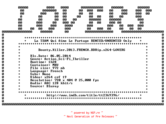 NFO for the release Bounty.Killer.2013.FRENCH.BDRip.x264-LOVERS by LOVERS