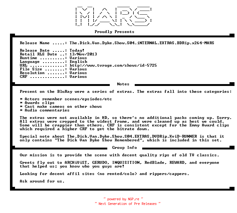 NFO for the release The.Dick.Van.Dyke.Show.S04.EXTRAS.iNTERNAL.BDRip.x264-MARS by MARS