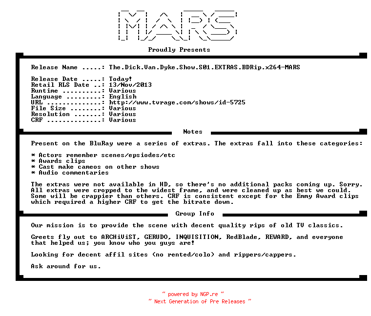 NFO for the release The.Dick.Van.Dyke.Show.S01.EXTRAS.BDRip.x264-MARS by MARS