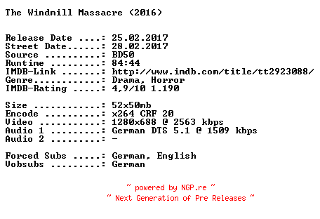 NFO for the release The.Windmill.Massacre.2016.German.720p.BluRay.x264-SPiCY by SPiCY