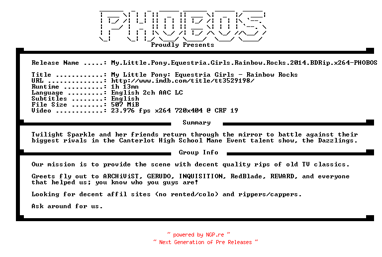 NFO for the release My.Little.Pony.Equestria.Girls.Rainbow.Rocks.2014.BDRip.x264-PHOBOS by PHOBOS