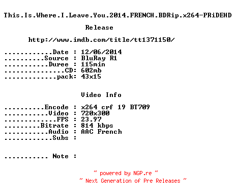 NFO for the release This.Is.Where.I.Leave.You.2014.FRENCH.BDRip.x264-PRiDEHD by PRiDEHD