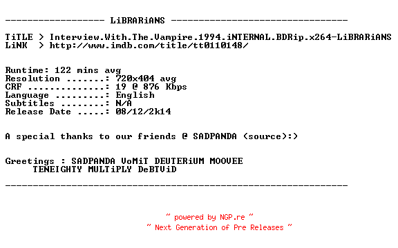NFO for the release Interview.With.The.Vampire.1994.iNTERNAL.BDRip.x264-LiBRARiANS by LiBRARiANS