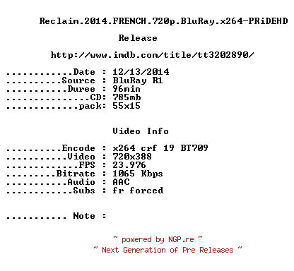 NFO for the release Reclaim.2014.FRENCH.BDRip.x264-PRiDEHD by PRiDEHD