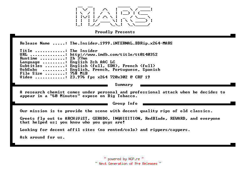 NFO for the release The.Insider.1999.iNTERNAL.BDRip.x264-MARS by MARS
