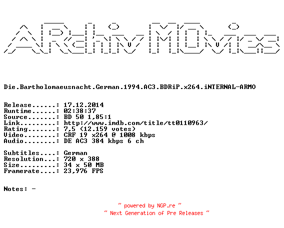 NFO for the release Die.Bartholomaeusnacht.German.1994.AC3.BDRiP.x264.iNTERNAL-ARMO by ARMO