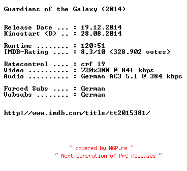 NFO for the release Guardians.of.the.Galaxy.German.BDRiP.x264-EXQUiSiTE by EXQUiSiTE